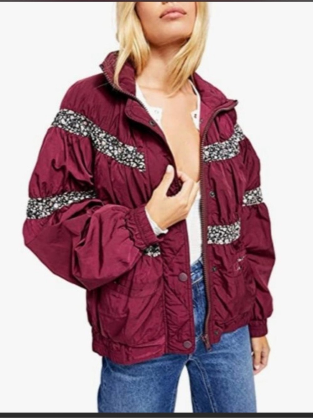 Free People On My Mind Bomber Jacket Women Mulberry Floral Womens Small